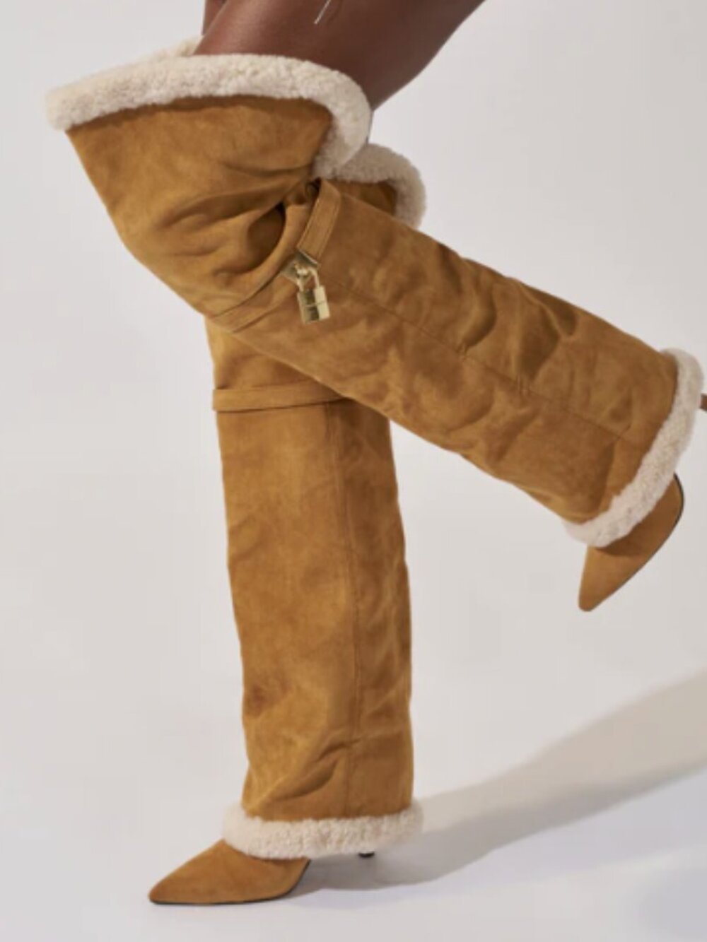 Over-the-Knee Faux Shearling Trim Boots - Camel